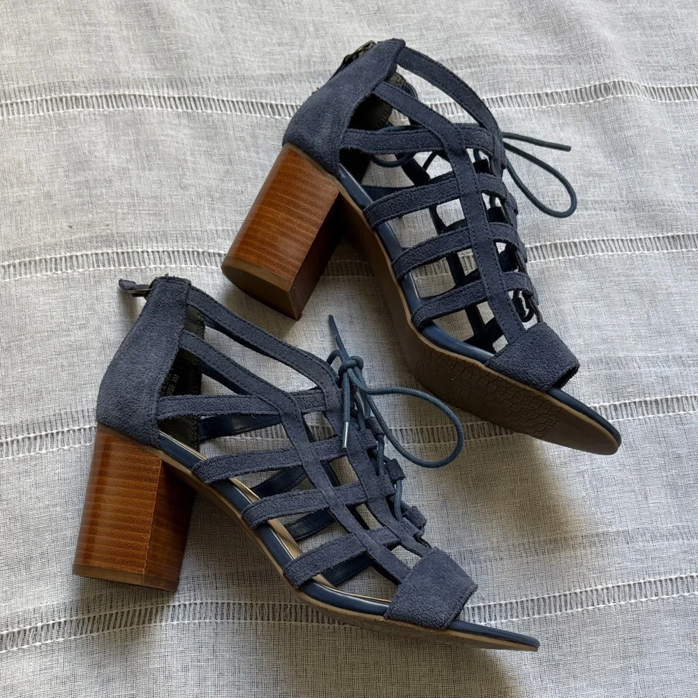 Aubrey Lynn blue suede gladiator-style heels with a tie and zip closure